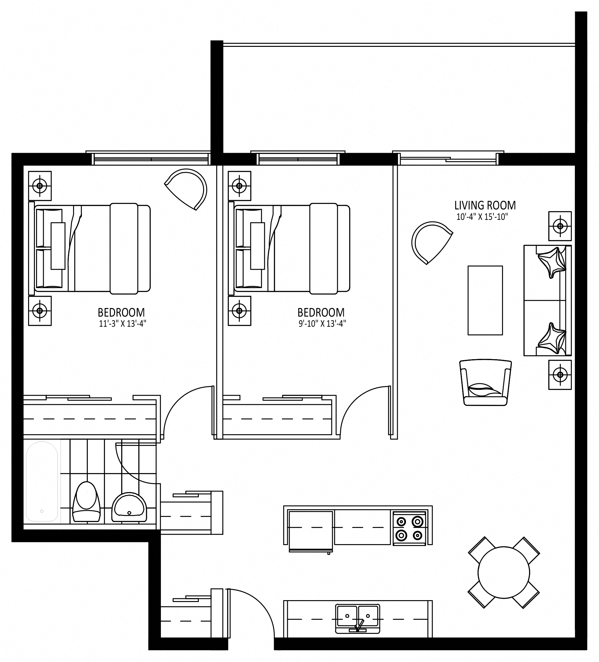 Floor plan for 2 beds, 1 bath, 893 sqft