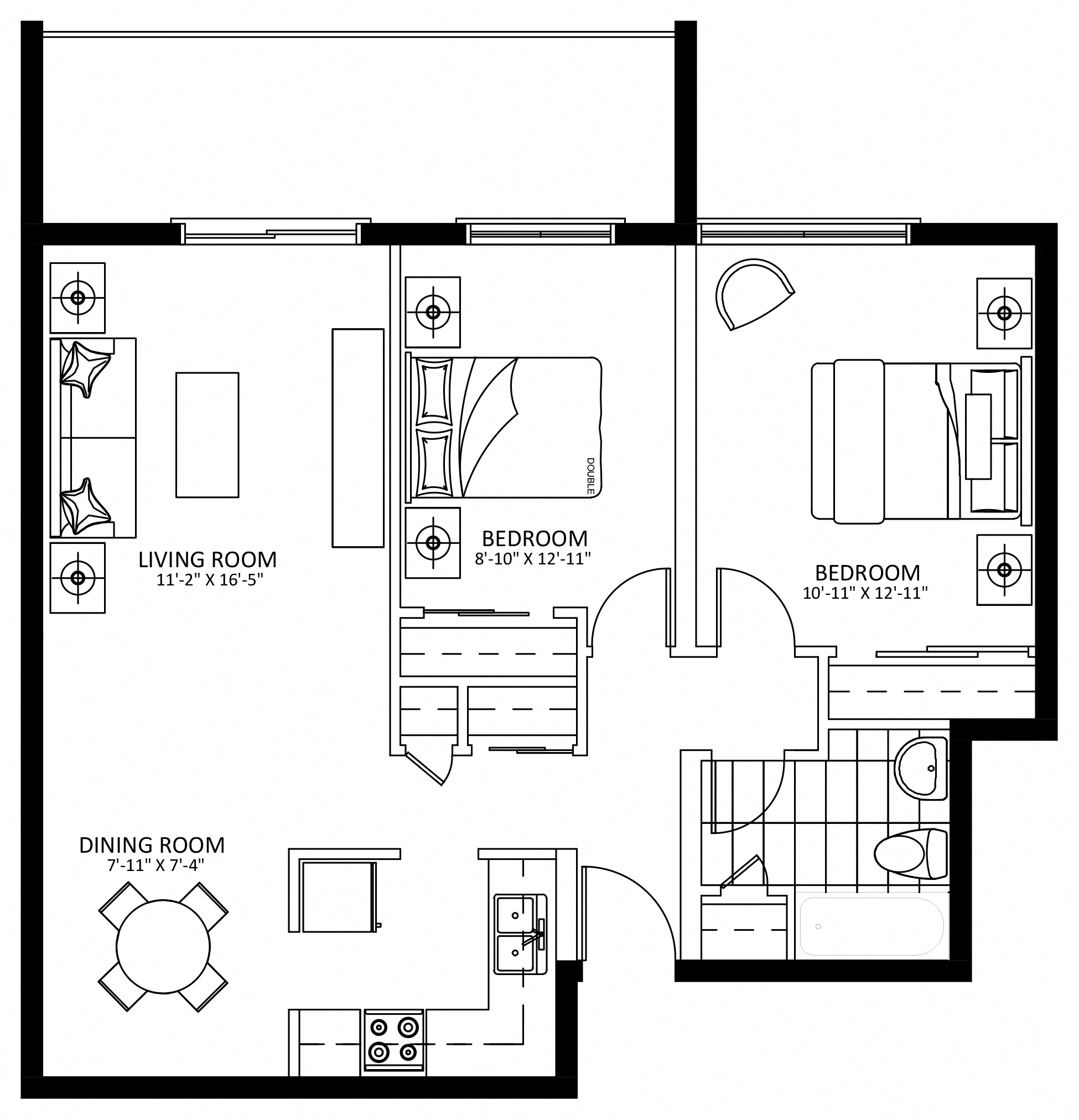 Floor plan for 2 beds, 1 bath, 849 sqft