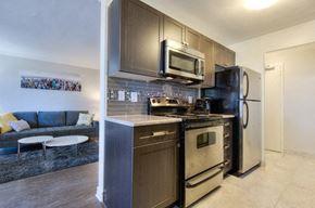 London apartment for rent - A kitchen with a black refrigerator, stove, and microwave.