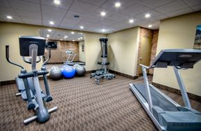 London apartment for rent - A gym with a treadmill, exercise balls, and weight machines.
