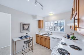 Farmington Hills apartment for rent - A kitchen with a white stove top oven and a white counter top.