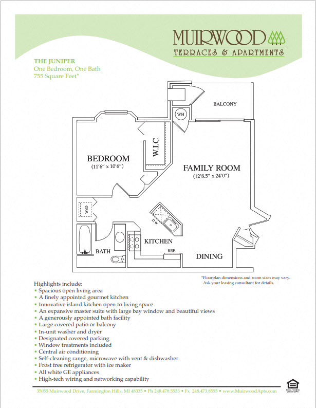 Floor plan for 1 bed, 1 bath, 755 sqft