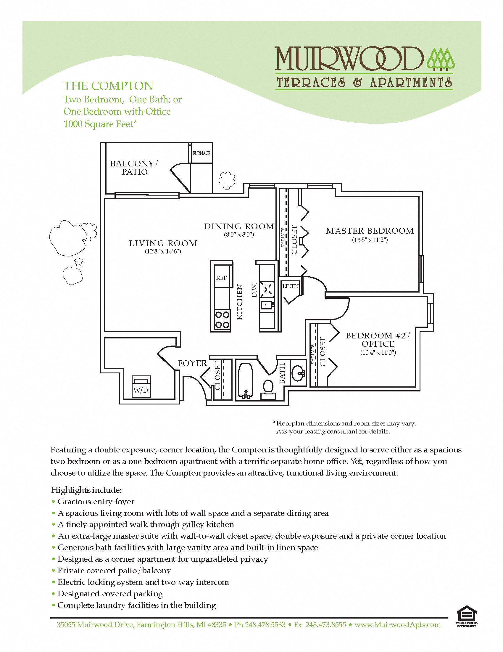 Floor plan for 2 beds, 1 bath, 940 sqft