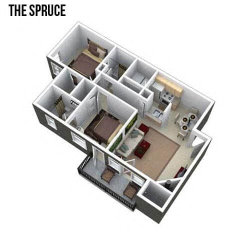 Floor plan for 2 beds, 2 baths, 1074 sqft