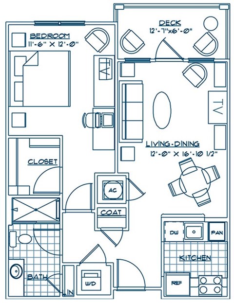 Floor plan for 1 bed, 1 bath, 665 sqft