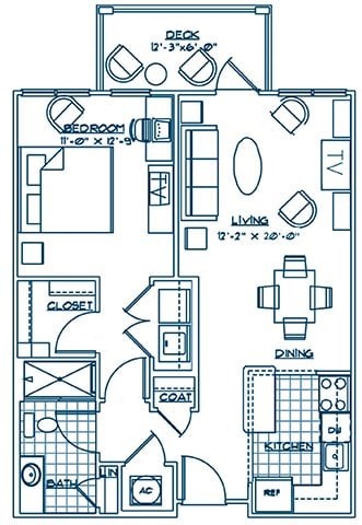 Floor plan for 1 bed, 1 bath, 715 sqft