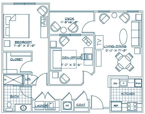 Floor plan for 1 bed, 1 bath, 884 sqft