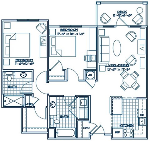 Floor plan for 2 beds, 2 baths, 973 sqft