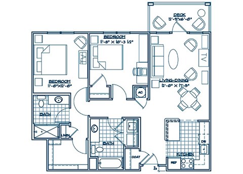 Floor plan for 2 beds, 2 baths, 983 sqft