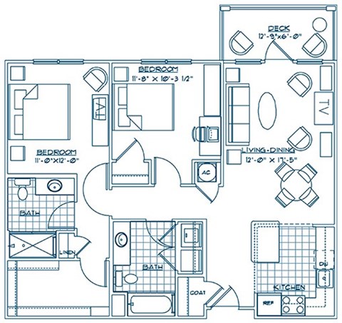Floor plan for 2 beds, 2 baths, 1003 sqft