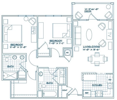Floor plan for 2 beds, 2 baths, 1084 sqft