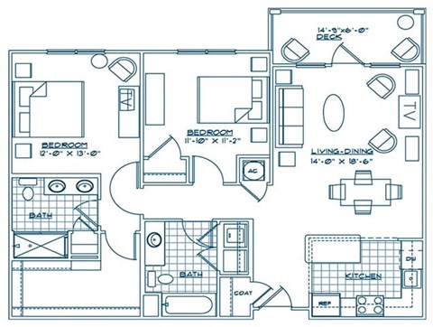 Floor plan for 2 beds, 2 baths, 1104 sqft