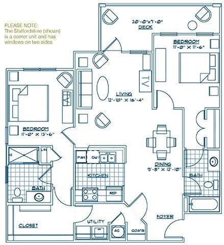Floor plan for 2 beds, 2 baths, 1122 sqft