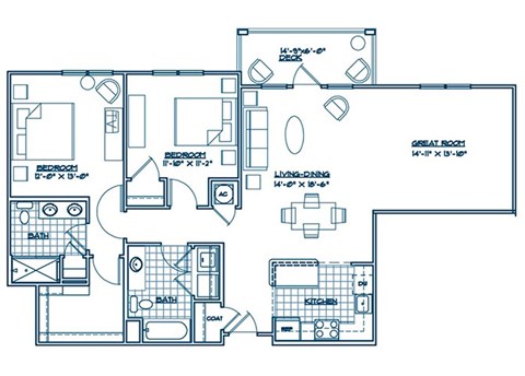 Floor plan for 2 beds, 2 baths, 1287 sqft