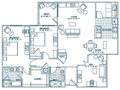 Floor plan for 2 beds, 2 baths, 1560 sqft