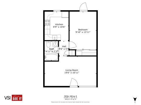 Floor plan for 1 bed, 1 bath, 700 sqft