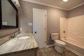 Fayettevile house for rent - A bathroom with a sink, toilet, and bathtub.
