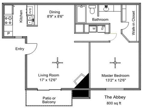 Floor plan for 1 bed, 1 bath, 800 sqft