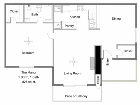 Floor plan for 1 bed, 1 bath, 825 sqft