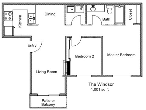 Floor plan for 2 beds, 1 bath, 1001 sqft