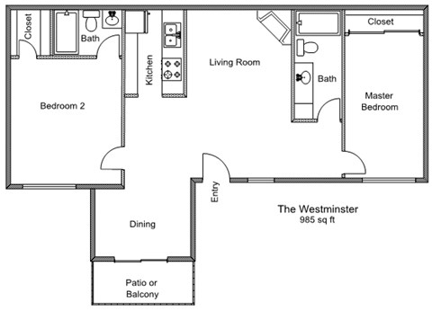 Floor plan for 2 beds, 2 baths, 985 sqft