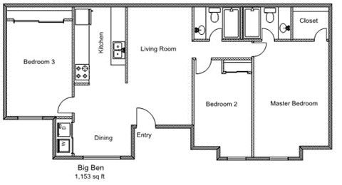 Floor plan for 3 beds, 2 baths, 1153 sqft