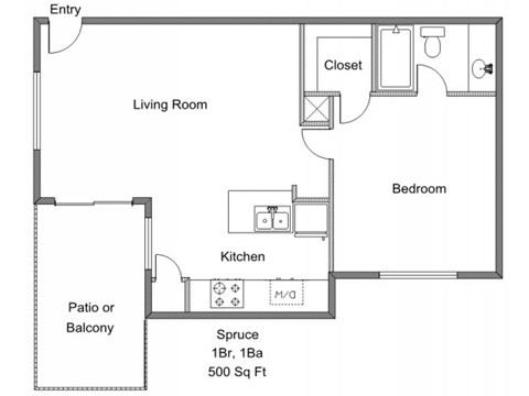 Floor plan for 1 bed, 1 bath, 500 sqft