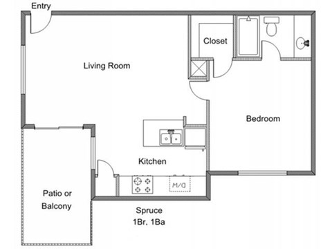 Floor plan for 1 bed, 1 bath, 514 sqft