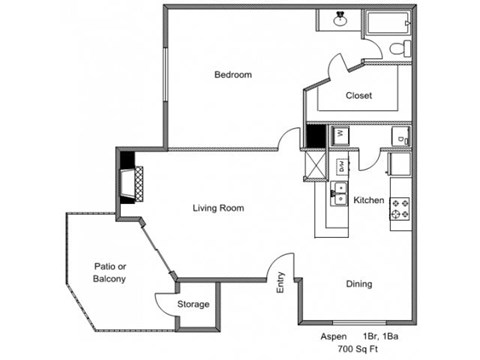Floor plan for 1 bed, 1 bath, 700 sqft