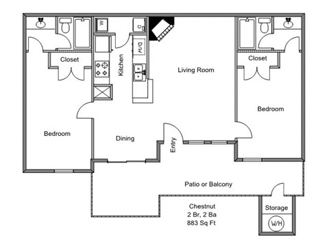 Floor plan for 2 beds, 2 baths, 883 sqft