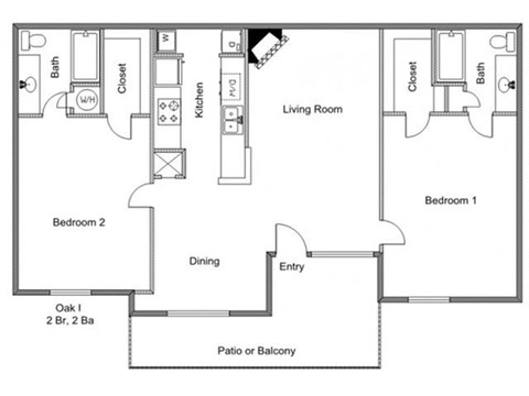 Floor plan for 2 beds, 2 baths, 925 sqft