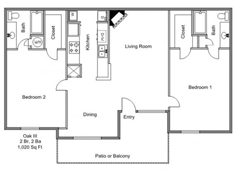 Floor plan for 2 beds, 2 baths, 1020 sqft