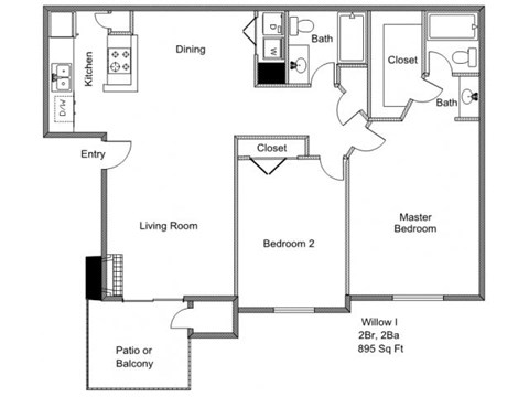 Floor plan for 2 beds, 2 baths, 895 sqft