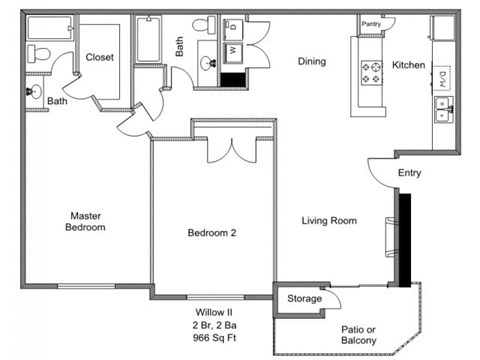 Floor plan for 2 beds, 2 baths, 966 sqft