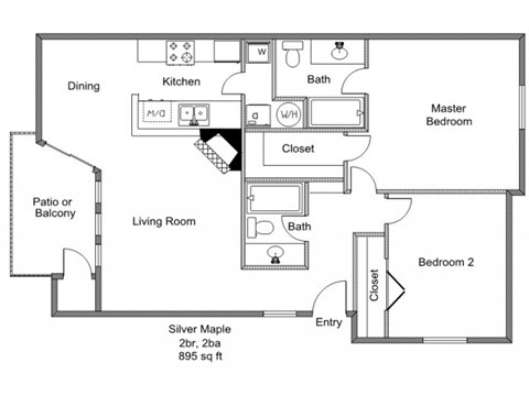 Floor plan for 2 beds, 2 baths, 895 sqft