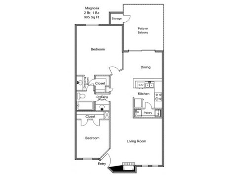 Floor plan for 2 beds, 1 bath, 905 sqft