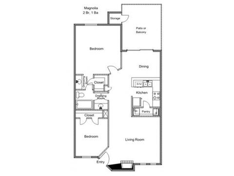 Floor plan for 2 beds, 1 bath, 966 sqft