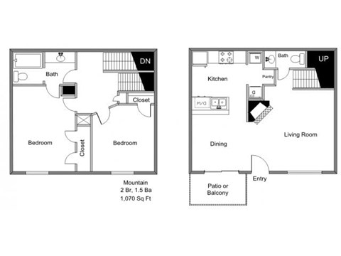 Floor plan for 2 beds, 1.5 baths, 1070 sqft