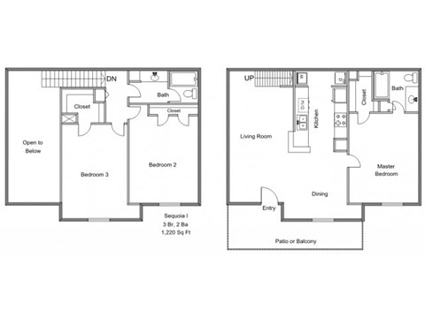 Floor plan for 3 beds, 2 baths, 1220 sqft