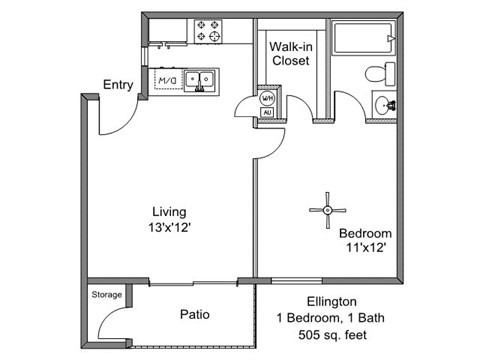 Floor plan for 1 bed, 1 bath, 505 sqft