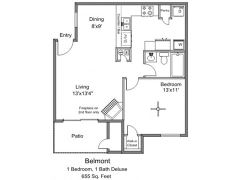 Floor plan for 1 bed, 1 bath, 655 sqft