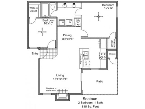 Floor plan for 2 beds, 1 bath, 815 sqft