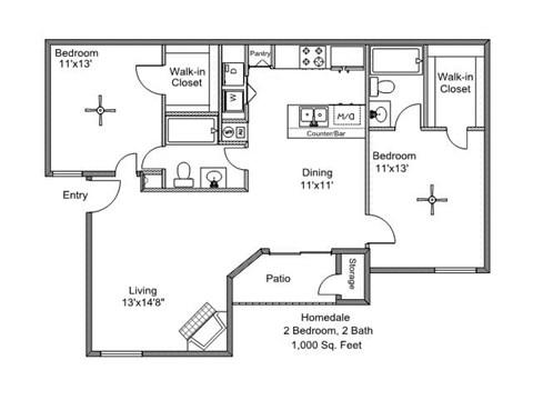 Floor plan for 2 beds, 2 baths, 1000 sqft