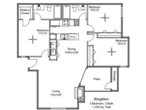 Floor plan for 3 beds, 2 baths, 1100 sqft