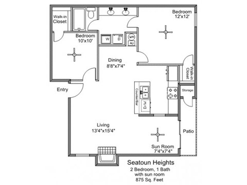 Floor plan for 2 beds, 1 bath, 875 sqft