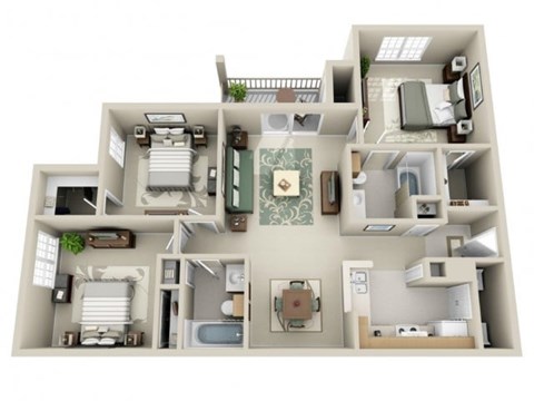 Floor plan for 3 beds, 2 baths, 1245 sqft