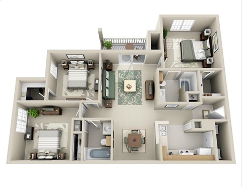 Floor plan for 3 beds, 2 baths, 1245 sqft