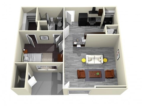 Floor plan for 1 bed, 1 bath, 722 sqft