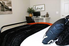 Oklahoma City apartment for rent - A black and white bedroom with a black bed and a white shelf with a plant on it.