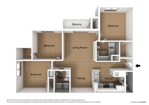 Floor plan for 3 beds, 2 baths, 1245 sqft